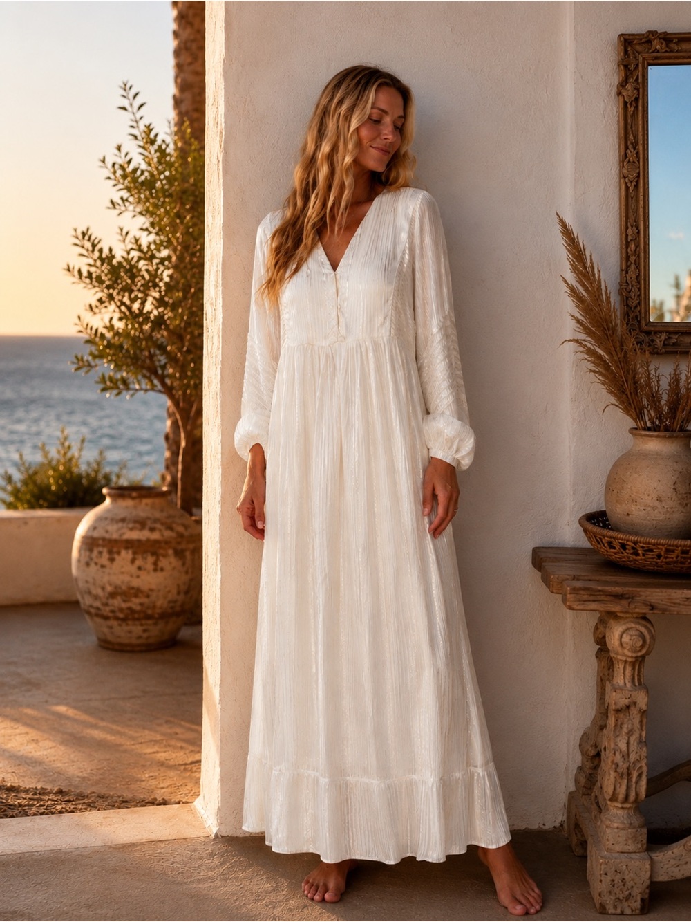 RABENS SALONER | VINTAGE MAXI DRESS | Creamy White | GOLD PINSTRIPE | S  19+/52